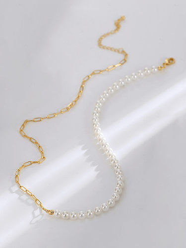 Brass Imitation Pearl Geometric Minimalist Asymmetrical Chain Necklace