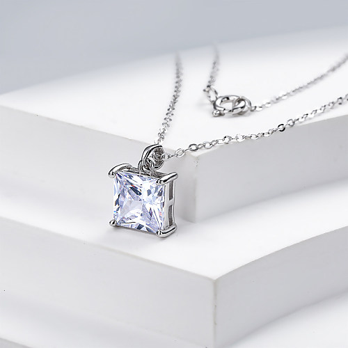 Cubic Zircon Square 925 Silver Pendant Necklace