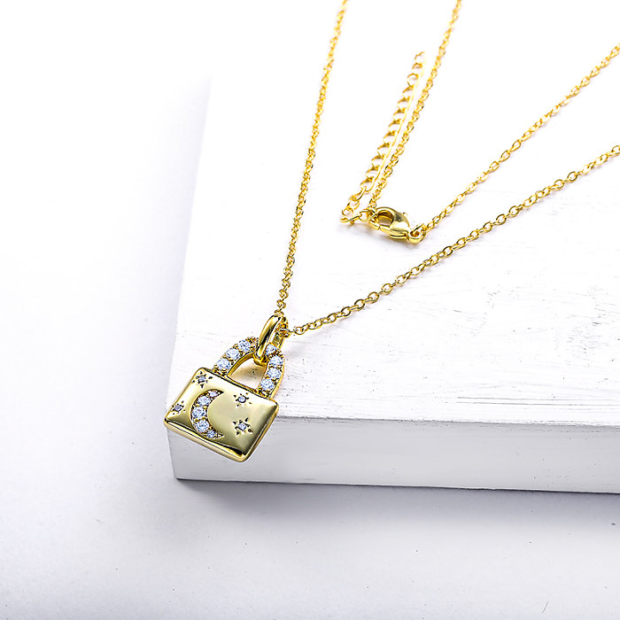 Cubic Zircon Gold Filled Lock Pendant Necklace