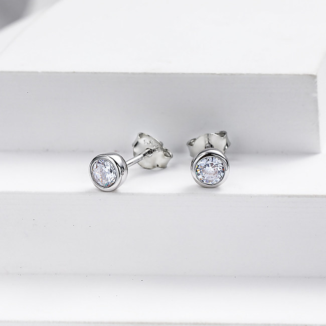925 Sterling Silver Dainty Cubic Zircon Round Stud Earrings