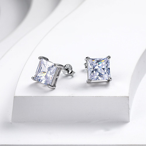 Square Cubic Zircon 925 Real Silver Stud Earrings
