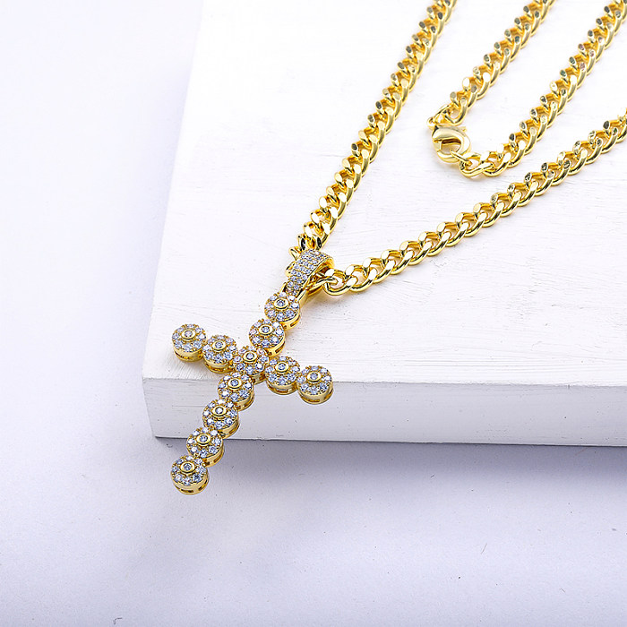 Cubic Zircon Gold Filled Cross Cuban Link Chain Pendant Necklace