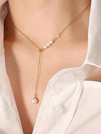 Collier minimaliste en acier au titane avec pampille et perle d'imitation