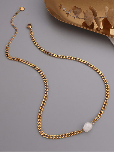 Collar minimalista de cadena geométrica de perlas de imitación de acero inoxidable 316L de titanio con revestimiento electrónico resistente al agua