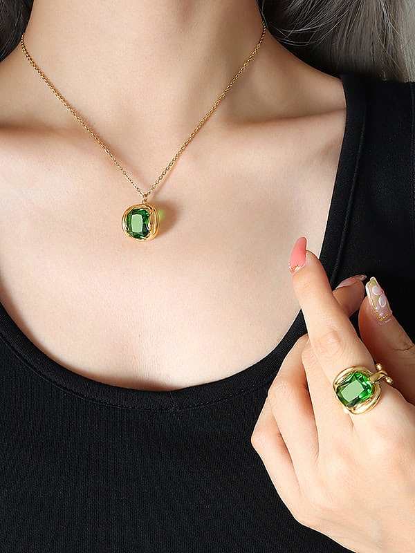 Vintage Geometric Titanium Steel Crystal Green Earring and Necklace Set