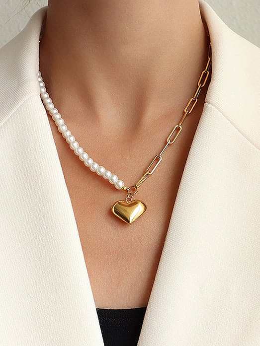 Titanium 316L Stainless Steel Imitation Pearl Heart Vintage Necklace with e-coated waterproof