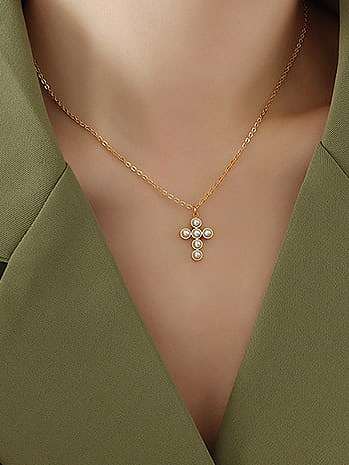 Titan Stahl Nachahmung Perle Kreuz Vintage Halskette