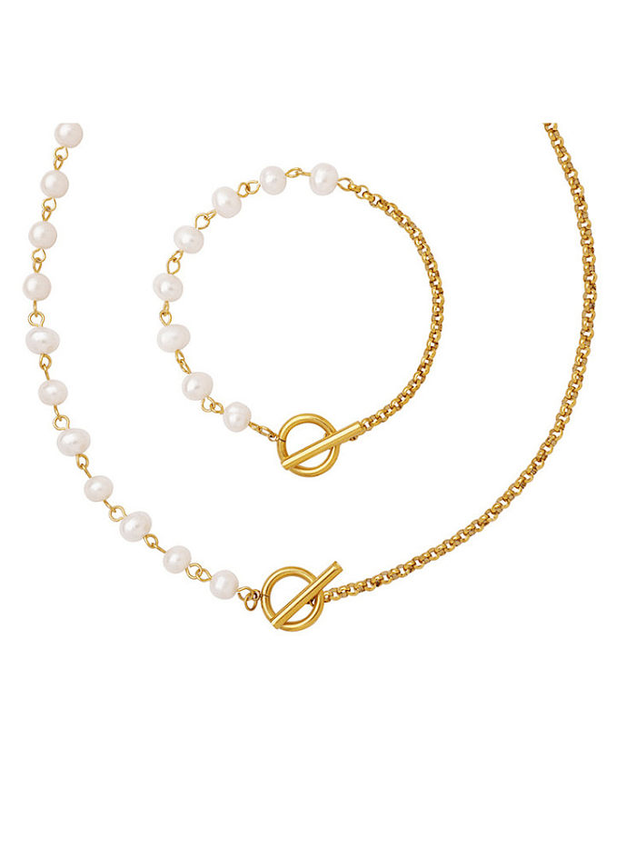 Hip Hop Geometric Titanium Steel Freshwater Pearl Bracelet and Necklace Set