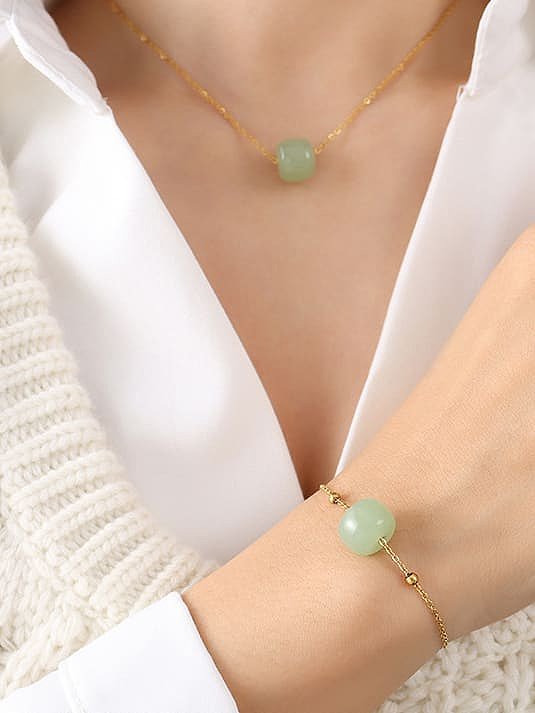 Ensemble bracelet et collier en jade rond minimaliste en acier au titane