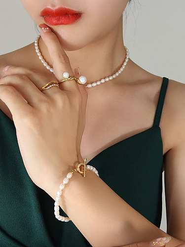 Trend Geometric Titanium Steel Freshwater Pearl Bracelet and Necklace Set
