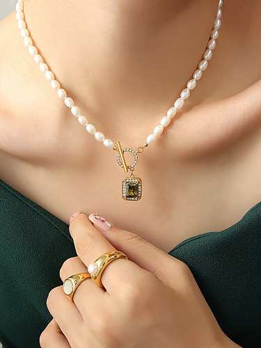 Collar minimalista geométrico de perlas de agua dulce de acero titanio