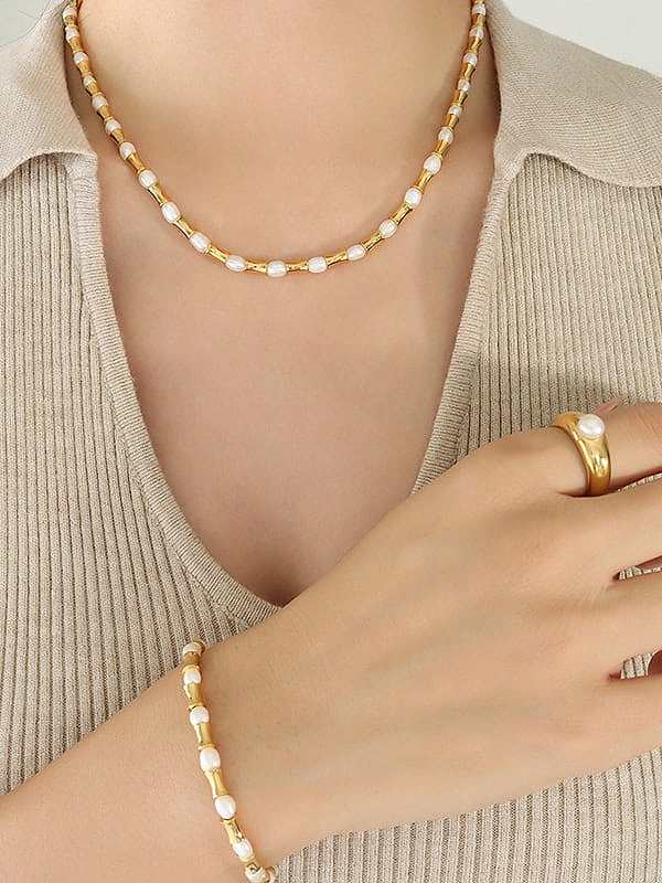 Titan Stahl Nachahmung Perle Vintage Unregelmäßiges Armband und Halskette Set