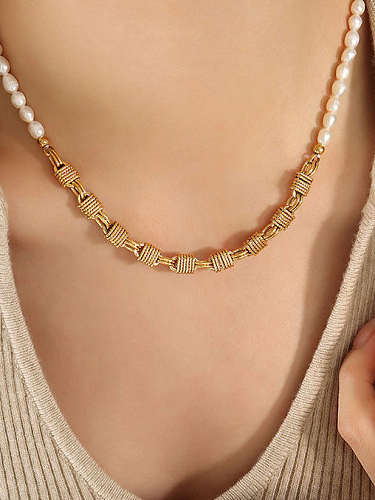 Brass Freshwater Pearl Geometric Vintage Necklace