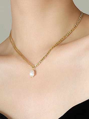 Collar de cadena múltiple de hip hop geométrico de perlas de agua dulce de acero titanio