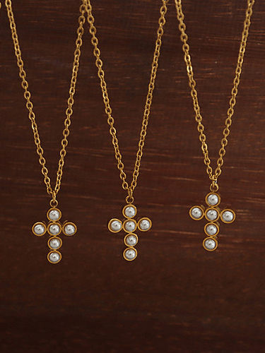 Collar Vintage con Cruz de Perlas de Imitación de Acero Titanio