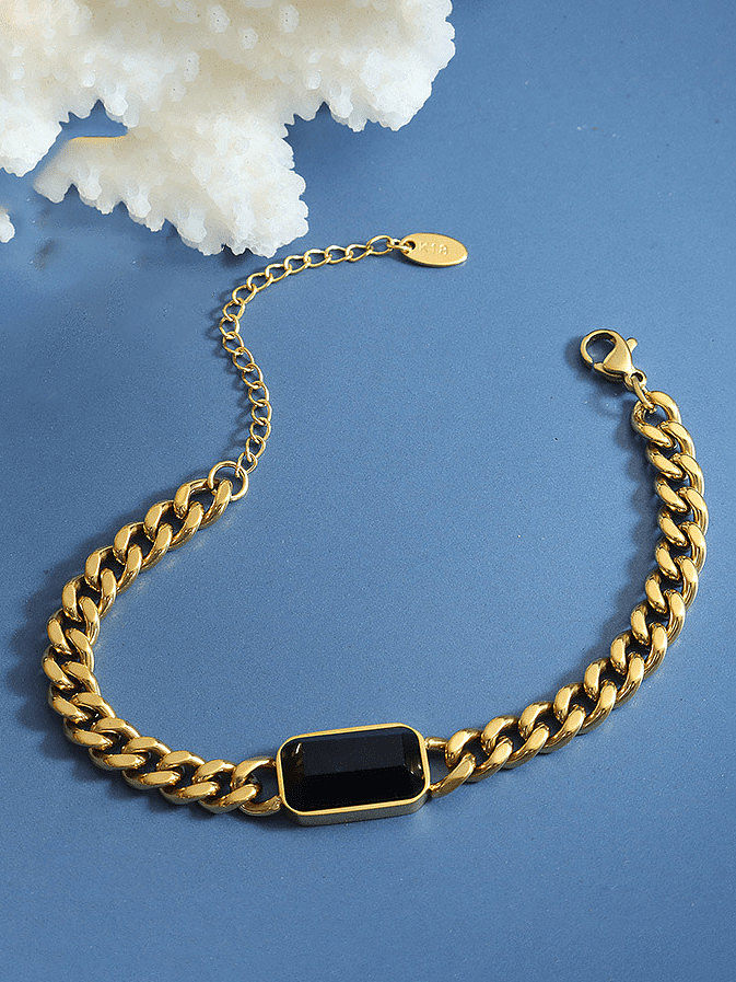 Titanium Steel Glass Stone Hip Hop Geometric Chain Bracelet and Necklace Set
