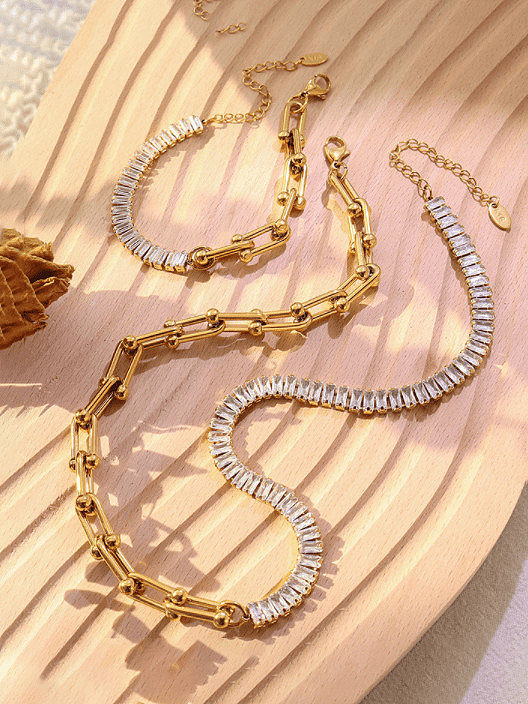 Minimalistisches geometrisches Armband und Halsketten-Set aus Titanstahl mit Zirkonia