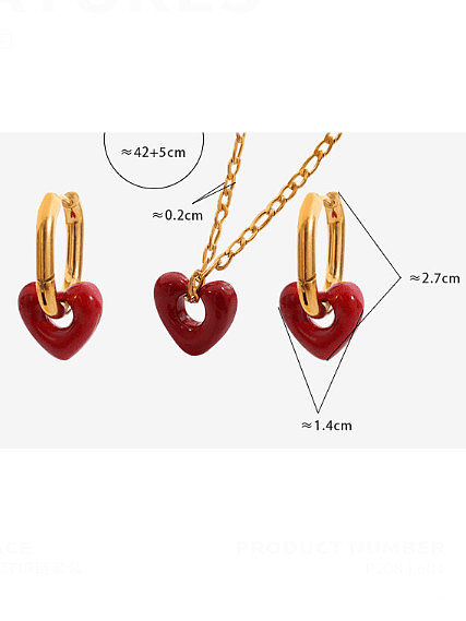Boucles d'oreilles et collier en émail de coeur vintage en acier au titane