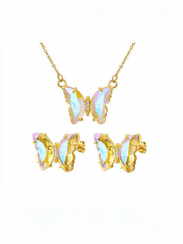 Minimalistisches Schmetterlings-Ohrring- und Halsketten-Set aus Messing, Glasstein