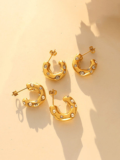 Boucles d'Oreilles Vintage Géométrique Perle d'Imitation Acier Titane