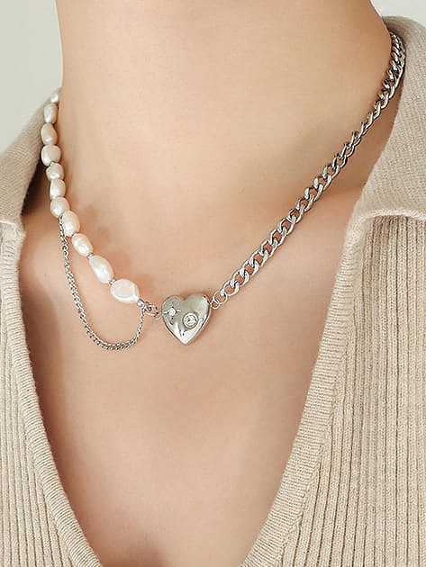 Titanium Steel Freshwater Pearl Vintage Heart Bracelet and Necklace Set