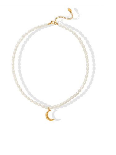 Minimalistische Halskette aus Titanstahl mit Süßwasserperlen und Mond