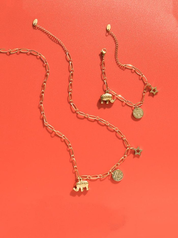 Titanium 316L Stainless Steel Vintage Elephant Braclete and Necklace Set with e-coated waterproof