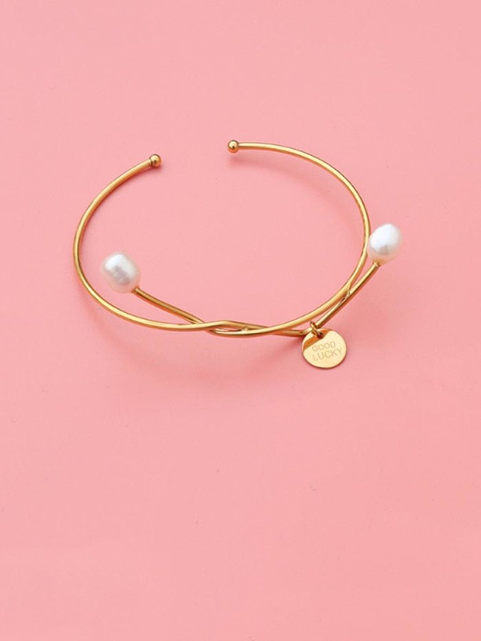 Titanium 316L Stainless Steel Freshwater Pearl Geometric Vintage Cuff Bangle with e-coated waterproof