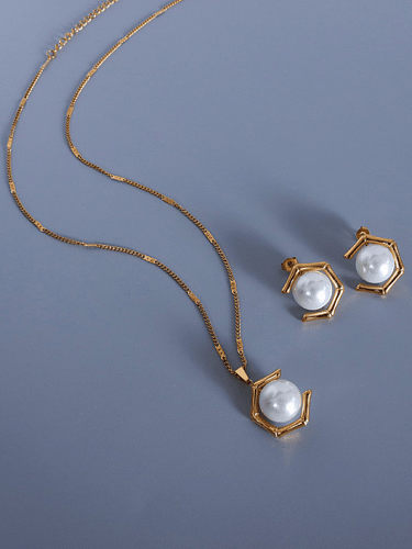 Juego de collar y aretes geométricos vintage de perla de imitación de acero inoxidable con revestimiento electroforético a prueba de agua