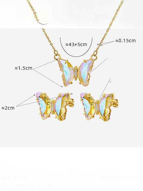 Minimalistisches Schmetterlings-Ohrring- und Halsketten-Set aus Messing, Glasstein