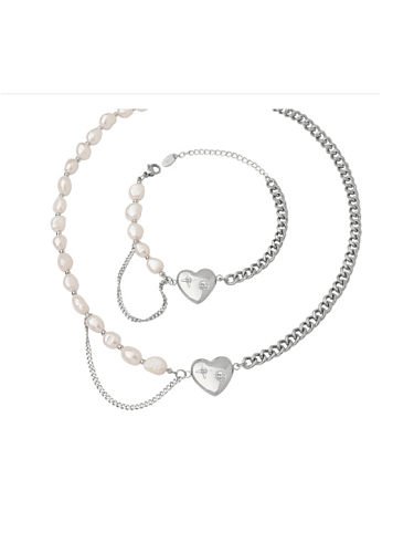 Titanium Steel Freshwater Pearl Vintage Heart Bracelet and Necklace Set