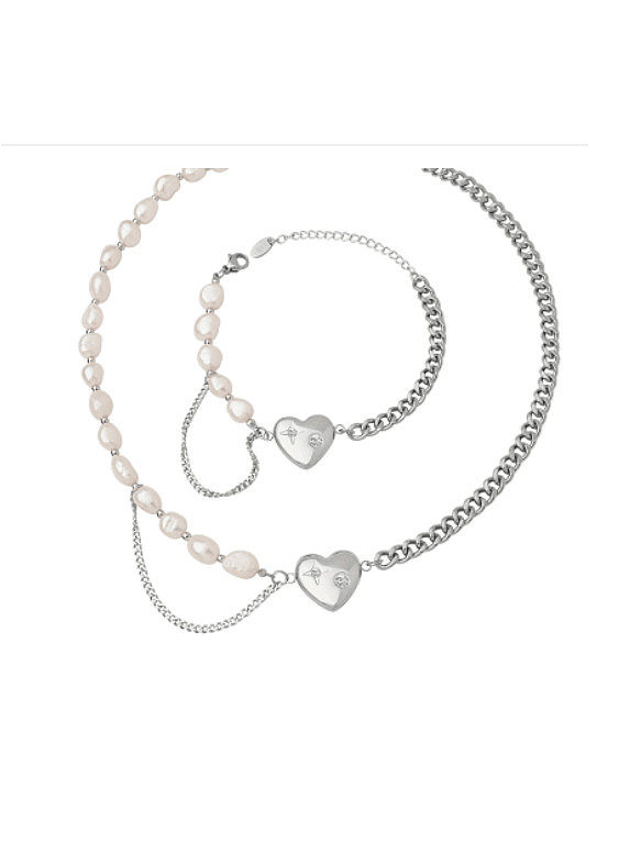 Ensemble bracelet et collier en forme de cœur vintage avec perle d'eau douce en acier au titane
