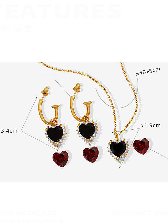 Titanium Steel Glass Stone Vintage Heart Earring and Necklace Set