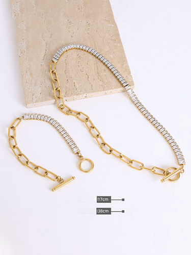 Conjunto de colar e bracelete geométrico minimalista de zircônia cúbica de aço titânio