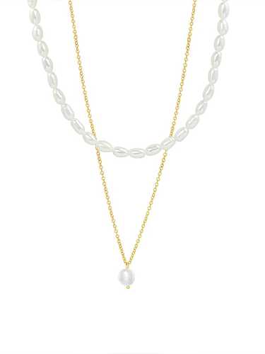 Collar minimalista geométrico de múltiples hebras de perlas de agua dulce de acero titanio