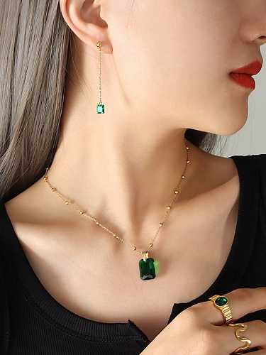 Vintage Geometric Titanium Steel Crystal Green Earring and Necklace Set