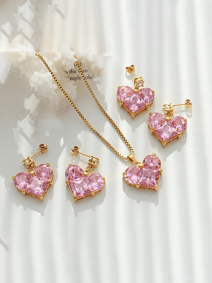 Brass Cubic Zirconia Dainty Heart Earring and Necklace Set