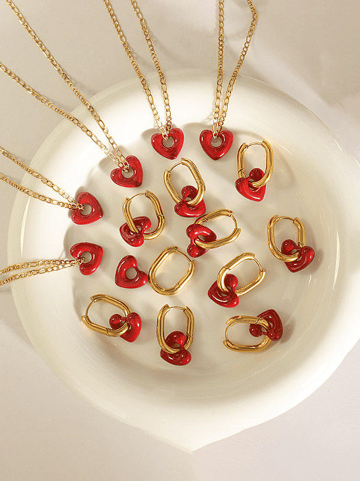 Titanium Steel Vintage Heart Enamel Earring and Necklace Set