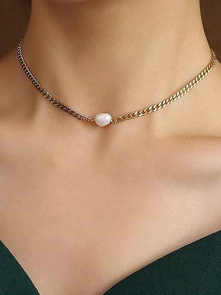 Titanium 316L Stainless Steel Imitation Pearl Geometric Chain Minimalist Necklace with e-coated waterproof