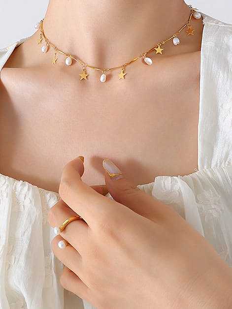 Titanium Steel Freshwater Pearl Leaf Vintage Necklace