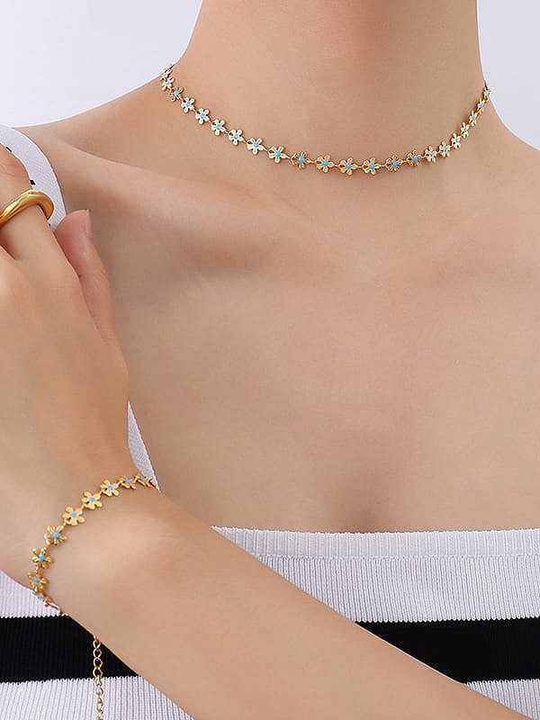 Conjunto de colar e pulseira de flor minimalista de aço titânio esmaltado