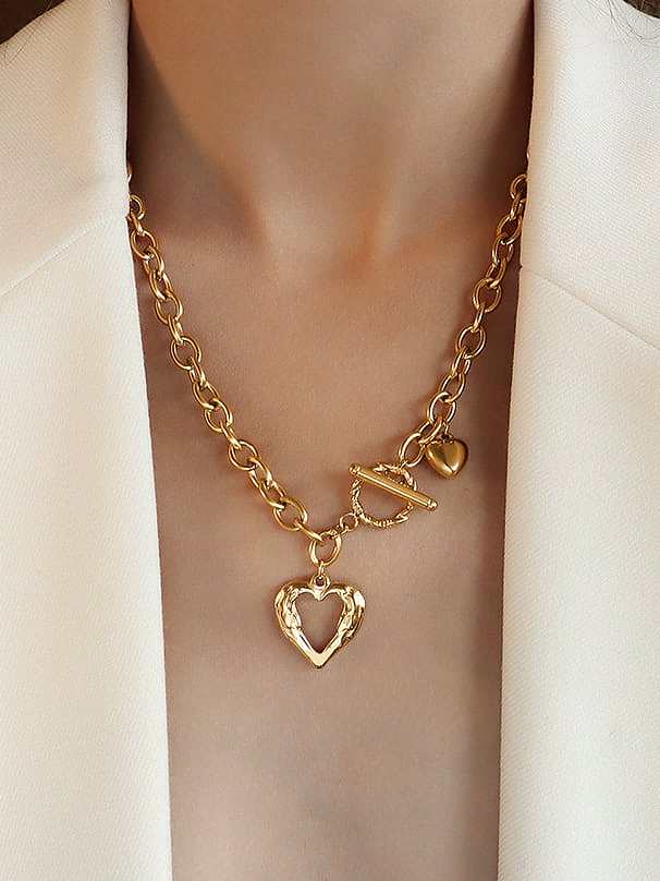 Titanium 316L Stainless Steel Hollow Heart Vintage Hollow Chain Necklace with e-coated waterproof