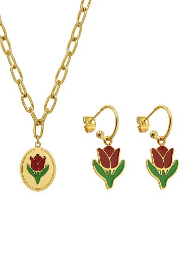 Titanium 316L Stainless Steel Enamel Vintage Friut Earring and Necklace Set with e-coated waterproof