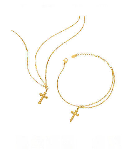 Titanium Steel Vintage Cross Bracelet and Necklace Set