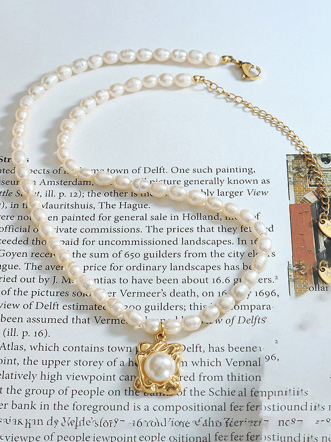 Geometrische Vintage-Halskette mit Süßwasserperlen aus Titanstahl