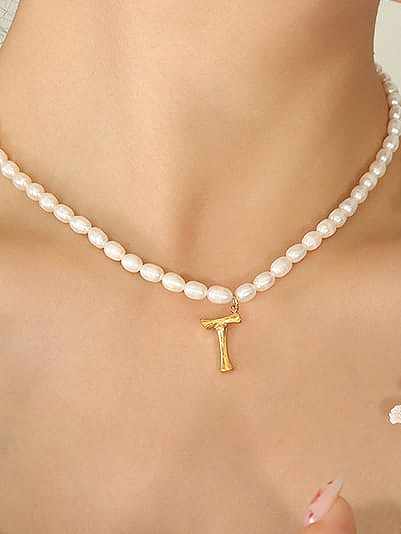 Titanium Steel Freshwater Pearl Letter Hip Hop Necklace