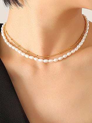 Titanium Steel Freshwater Pearl Geometric Minimalist Multi Strand Necklace