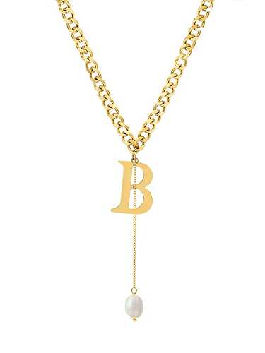 Titanium 316L Stainless Steel Imitation Pearl Tassel Letter B Vintage Necklace with e-coated waterproof