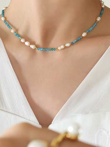 Collar bohemio geométrico de perlas de agua dulce de acero titanio
