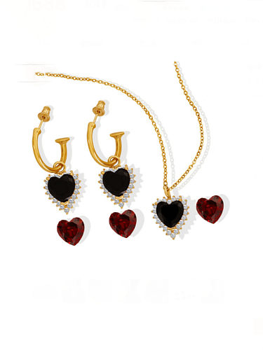 Titanium Steel Glass Stone Vintage Heart Earring and Necklace Set